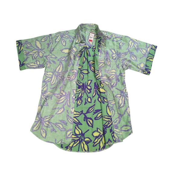 NWT Y2K Bugle Boy Shirt Mens M Green Purple Floral Hawaiian Cotton Retro 90s - Picture 1 of 13